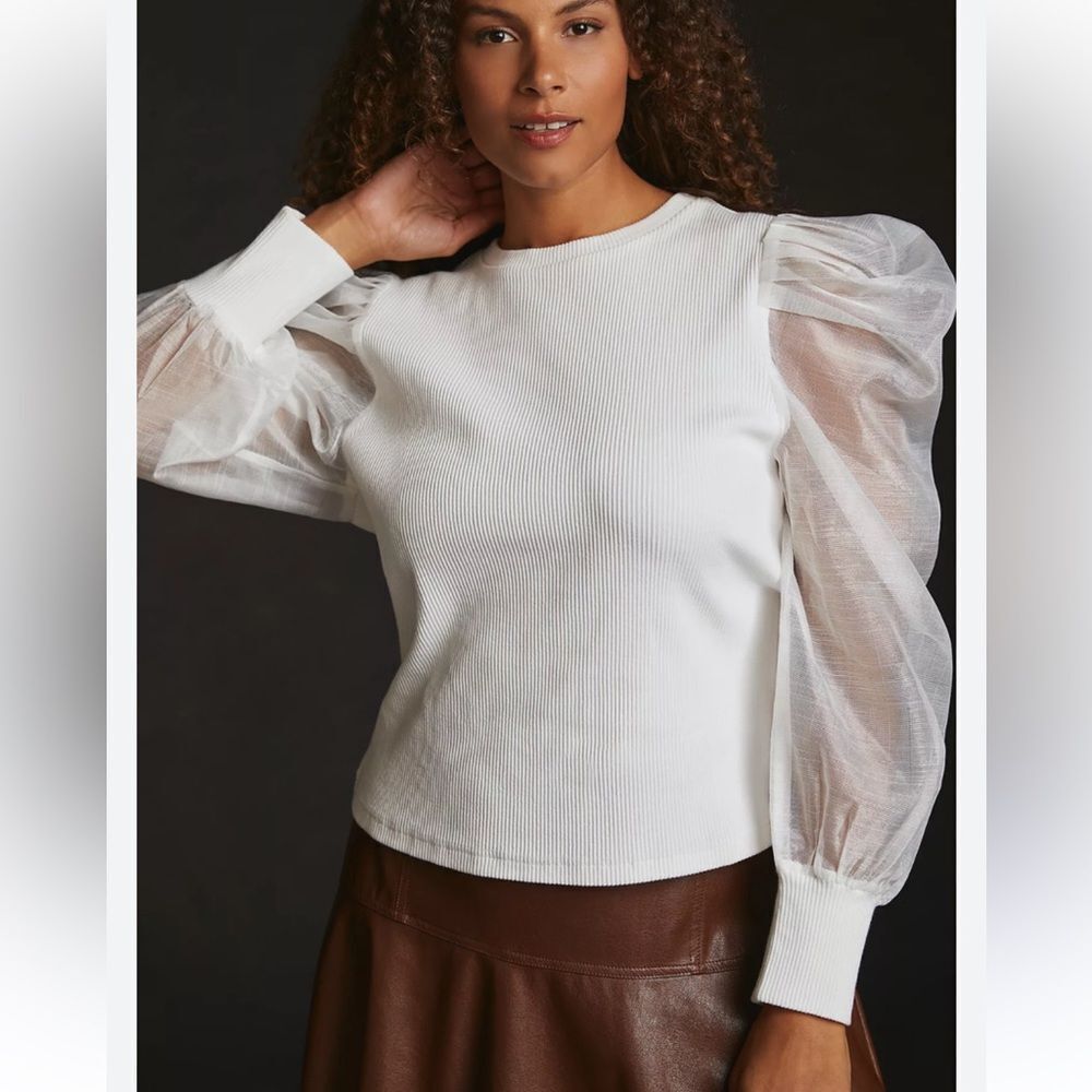 Anthropologie Dolan Sheer Puff Sleeve Ribbed Blouse Top Women’s XL